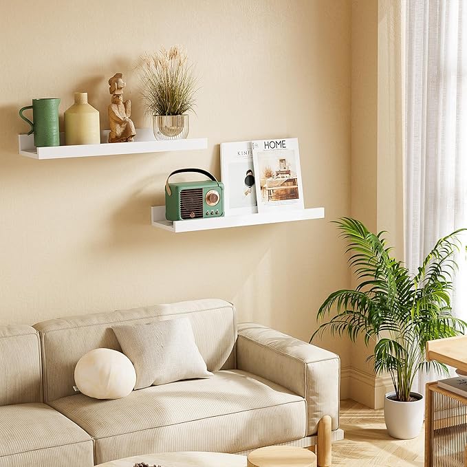 16 Inch Bamboo Wall Shelf - Floating Shelves with Lip Set of 2, Picture Ledge Shelf for Home Decor, Wood Shelves for Wall, White Floating Shelves for Bathroom,Bedroom,Kitchen&Living Room