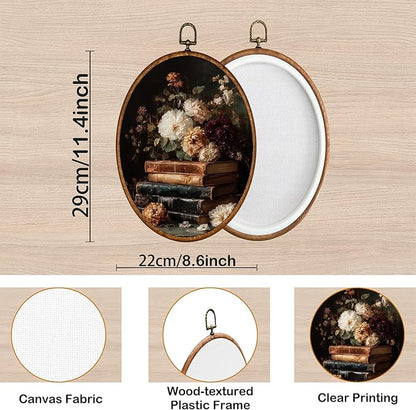 KSDUT Retro Flower Book Wall Art Decor - Neutral Mid Century Modern Wall Art Canvas Frame Hanging Prints, Vintage Dark Academia Floral Oval Artwork Decor for Home Gallery Decorations 8.6"x11.4"