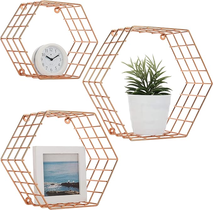 MyGift Copper Floating Hexagon Shelves, Hexagonal Copper-Tone Wire Wall-Mounted Hanging Shelf, Set of 3