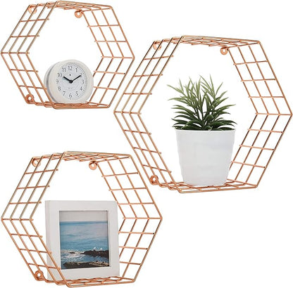 MyGift Copper Floating Hexagon Shelves, Hexagonal Copper-Tone Wire Wall-Mounted Hanging Shelf, Set of 3