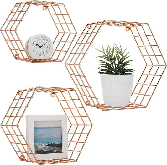 MyGift Copper Floating Hexagon Shelves, Hexagonal Copper-Tone Wire Wall-Mounted Hanging Shelf, Set of 3