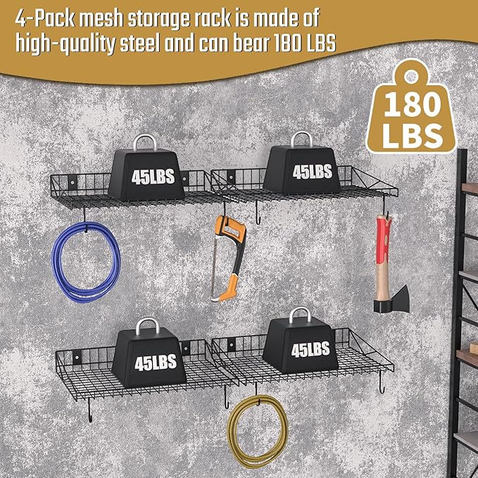 4 Pack Garage Wall Shelf, Garage Wall Mounted Shelving, Heavy Duty Floating Shelves With 8 Hooks, Loads 180 LBS Black Wall Shelves Mesh Storage Rack for Office, Basement, Wall Cabinet and Kitchen