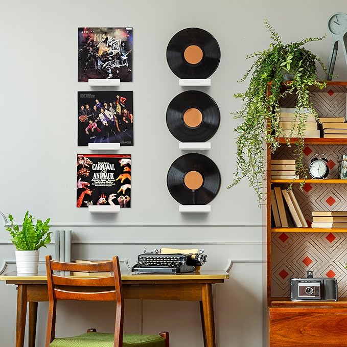 Wood Vinyl Record Shelf Wall Mount, Small Wall Record Holder Display Shelf, Vinyl Record Shelves Record Album Display Holder for LP, CD, Book Art Storage Vintage Home Decor (12, White)