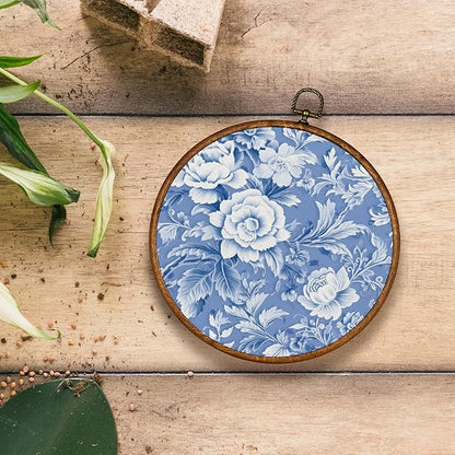 KSDUT Aesthetic Blue Flower Retro Wall Art Decor - Botanical Neutral Mid Century Modern Wall Art Canvas Frame Hanging Prints, Vintage Landscape Round Wall Art Decor for Home Decorations 10"x10"