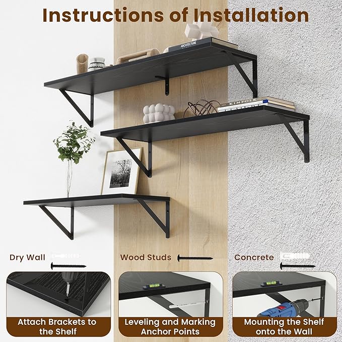 55" Long Wall Mounted Floating Shelves,8 inch Deep Floating Shelf with Metal Brackets Set of 2,Easy-to-Install Wall Decor Storage Ledges for Living Room,Bathroom,Bedroom,Kitchen,Office,Black