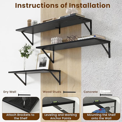 55" Long Wall Mounted Floating Shelves,8 inch Deep Floating Shelf with Metal Brackets Set of 2,Easy-to-Install Wall Decor Storage Ledges for Living Room,Bathroom,Bedroom,Kitchen,Office,Black