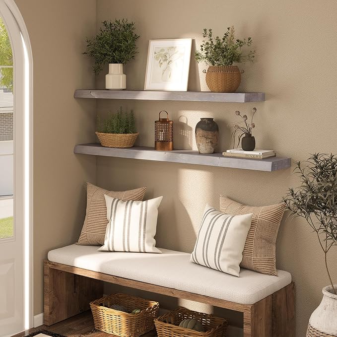 Long Live Edge Floating Shelf, 55 Inch Solid Elm Wood - Weathered Gray Rustic Wood Wall Shelf with Invisible Brackets for Living Room, Kitchen, Bathroom
