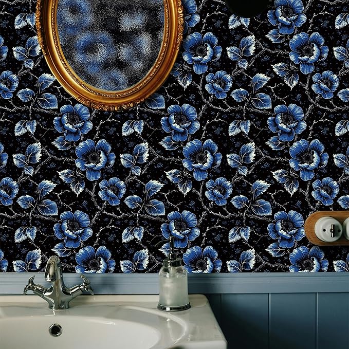 FLFK Vintage Floral Wallpaper Peel and Stick Dark Blue Flower Wallpaper 16