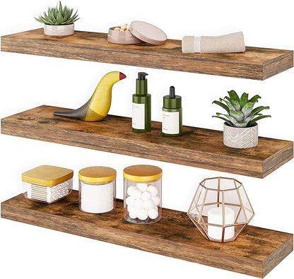 Ballucci Floating Shelves for Wall, 24" Wood Shelf Set of 3, Invisible Brackets Floating Shelf for Wall Decor Living Room, Bathroom, Bedroom, Kitchen, 6" Depth, Rustic Brown