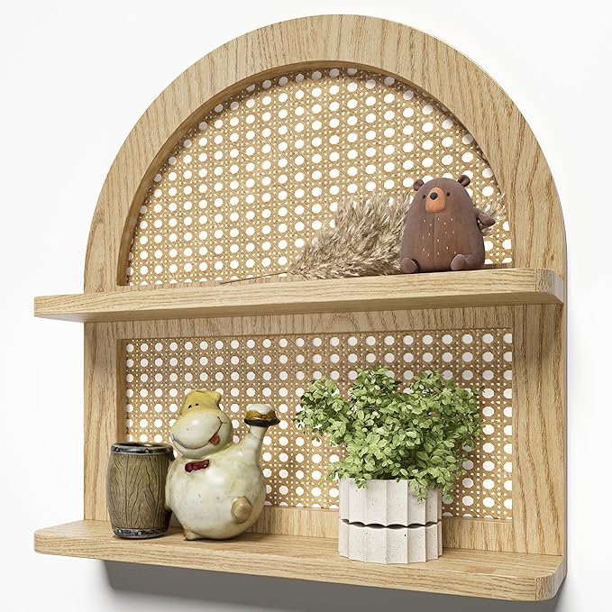 Wood Boho Rattan Wall Shelf - 2-Tier Arched Wicker Floating Shelf Natural Wood New Boho Shelf, Rustic Farmhouse Nursery Decor Shelves Wall Mounted, Neutral Handcrafted (16''l Natural Color)