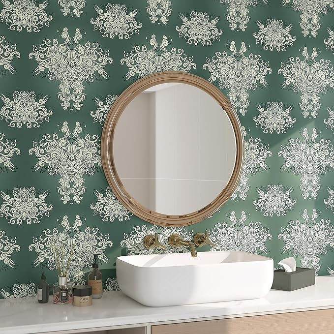 FunStick 17.5"x354" Vintage Dark Green Damask Peel and Stick Wallpaper Victorian Beige Floral Self Adhesive Wallpaper for Bedroom Living Room Walls Decorative Green Contact Paper for Cabinets Drawers