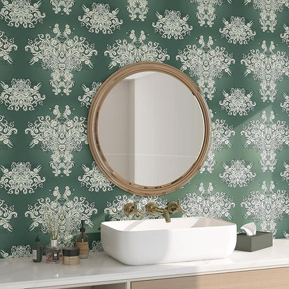 FunStick Damask Wallpaper Peel and Stick Vintage Green Victorian Wallpaper Removable Antique Dark Floral Wall Paper for Bathroom Waterproof Beige Damask Contact Paper for Walls Cabinets 17.5"x118"