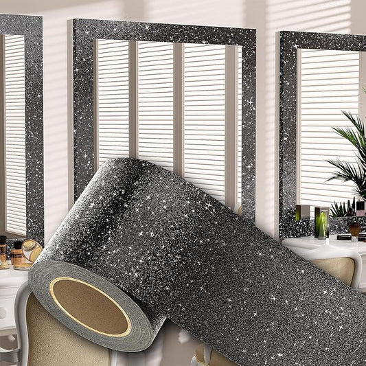Peel and Stick Wallpaper Borders 390” x 4” Self Adhesive Mirror Frame Border Glitter DIY for Kitchen Bathroom Mirror Removal Border Sticker Wall Decor Cover 10.8 Sq.Ft, Black Glitter