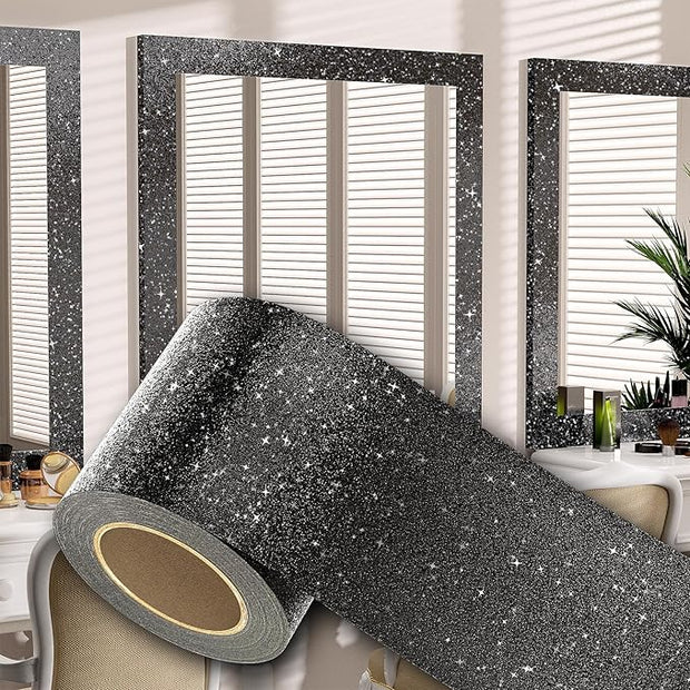 Peel and Stick Wallpaper Borders 390” x 4” Self Adhesive Mirror Frame Border Glitter DIY for Kitchen Bathroom Mirror Removal Border Sticker Wall Decor Cover 10.8 Sq.Ft, Black Glitter