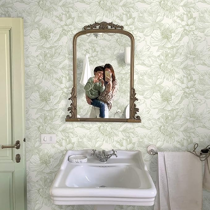 Ismoon Vintage Floral Wallpaper Peel and Stick Beige and Green Contact Paper 17.3inx6.5ft Removable Self Adhesive Wall Paper for Bathroom Bedroom Cabinet Mural Wall Decor Vinyl Renter Friendly