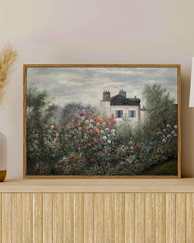 SHENIFY Landscape Framed Canvas Wall Art Vintage Classical Flower Garden Prints Hallway Bathroom Office Decor - 11x14in Natural Framed
