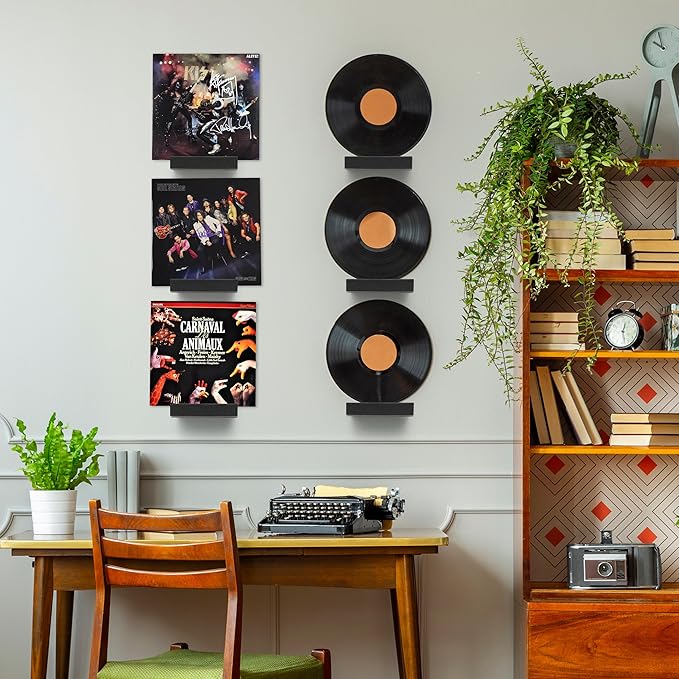 Wood Vinyl Record Shelf Wall Mount, Small Wall Record Holder Display Shelf, Vinyl Record Shelves Record Album Display Holder for LP, CD, Book Art Storage Vintage Home Decor (6, Black)