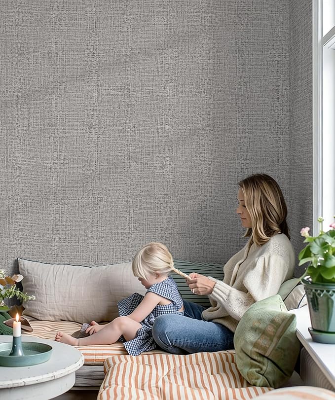 Guvana Grasscloth Peel and Stick Wallpaper Grey Textured Contact Paper Modern Removable Self Adhesive Wall Paper Thicken Fabric Faux Linen Wallpaper for Bathroom Living Room Cabinets 78.7inx15.7in