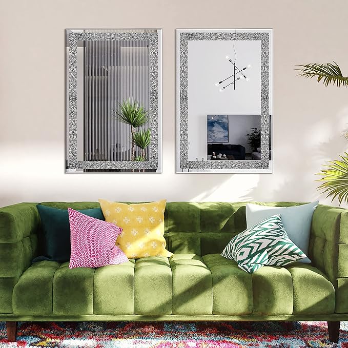 Ruomeng Wall Mirror Rectangular Crystal Crush Diamond Mirror for Home Decoration Accent Mirror for Bathroom, Entryway and Bedroom, 24" x 36"