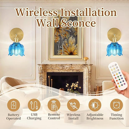 Vintage Battery Wall Sconce with Flower lampshade,Rechargeable Battery Powered Wall Lights,Wall lamp with 15 Colors for Bedroom Living Room Home Decor (Flower Blue, 1 Light Battery Operated)