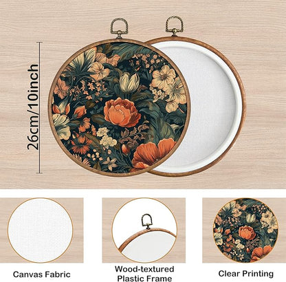 KSDUT Aesthetic Flower Dark Wall Art Decor - Botanical Neutral Mid Century Modern Wall Art Canvas Frame Hanging Prints, Vintage Landscape Round Wall Art Decor for Home Decorations 10"x10"