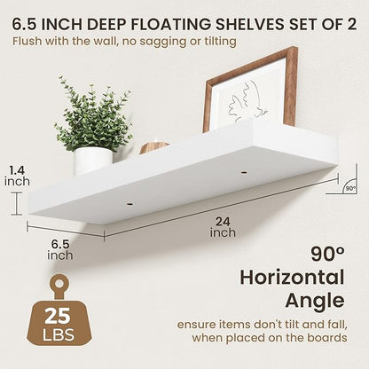 24 Inch Floating Shelves | 6.5 Inch Deep White Floating Shelves Set of 2 | 24" W x 6.5" D Rustic White Wood Wall Shelves with Invisible Brackets for Bathroom Living Room Bedroom