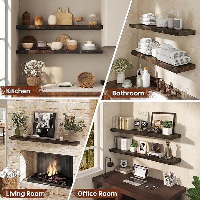 Floating Shelves Set of 2, Solid Elm Wood Wall Shelves 24 Inch - Invisible Bracket Mount for Living Room, Bedroom, Kitchen, Bathroom - Brown