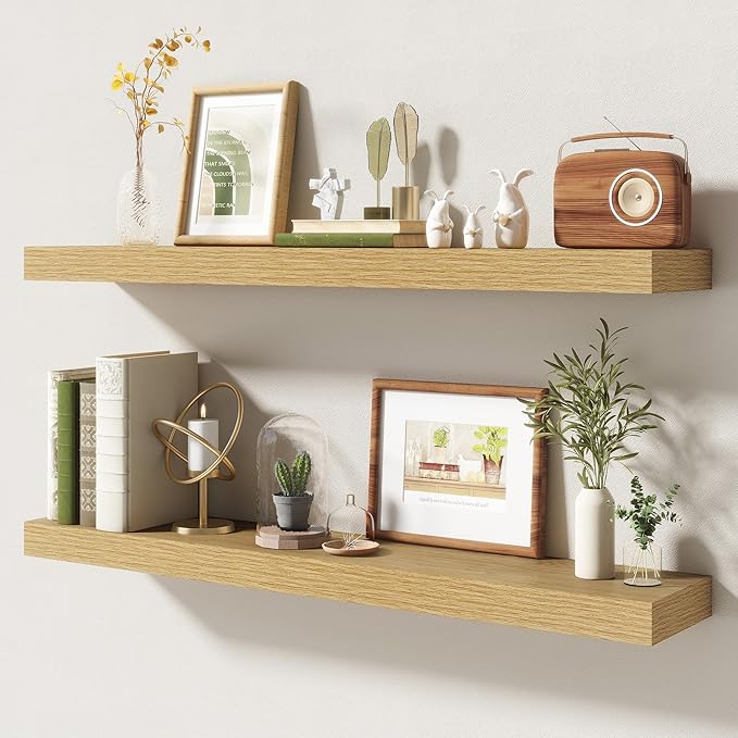 36 Inch Floating Shelves | 6.5 Inch Deep Oak Floating Shelves Set of 2 | 36" W x 6.5" D Rustic Oak Shelves with Invisible Brackets for Bathroom Living Room Bedroom