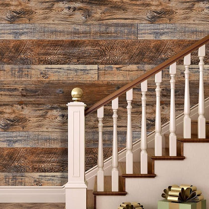WENMER 17.71" x 472" Brown Wood Wallpaper Peel and Stick Wallpaper Shiplap Self Adhesive Wall Paper Wood Contact Paper Removable Contact Paper for Cabinet Countertop Shelf Drawer Wall Door