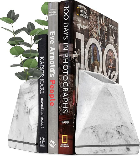 Marble Style Bookends - Decorative, Heavy Duty Book Holder for Shelves, Non Skid, Unique Design (White)