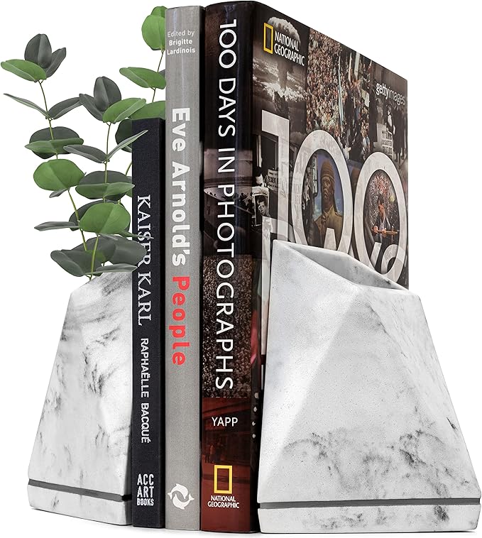 Marble Style Bookends - Decorative, Heavy Duty Book Holder for Shelves, Non Skid, Unique Design (White)