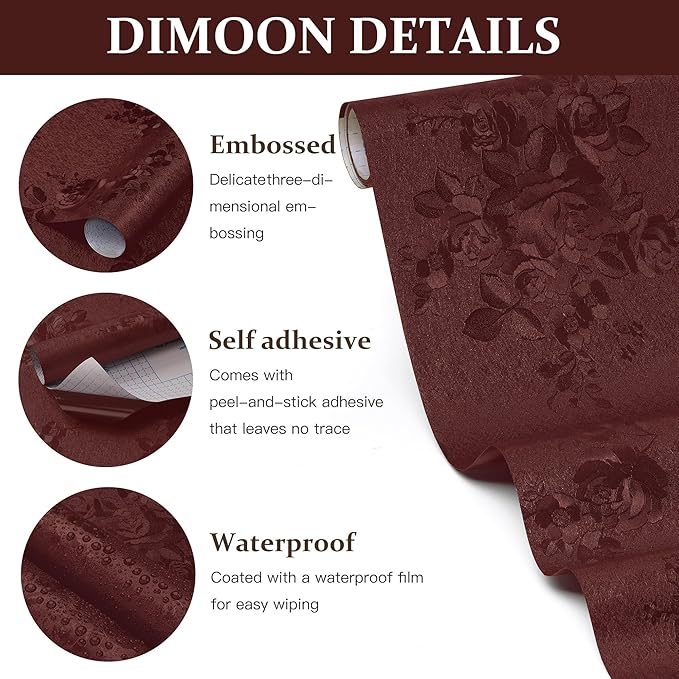 Dimoon 17.7''x236.2''Dark Red Peel and Stick Wallpaper Gothic Floral Wall Paper Contact Paper Closeout Renter Friendly Modern Self Adhesive(236.2''x17.7'', Dark Red Floral Textured)