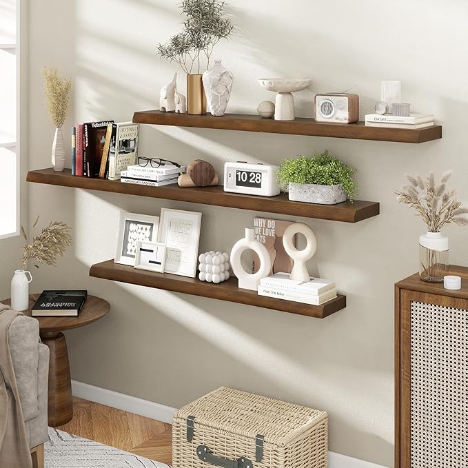 RICHFOCUS Floating Shelves for Wall 48 Inch Solid USA-Sourced Oak Wooden Shelves for Bathroom Kitchen 9" Deep Modern Wood Shelf with Heavy-Duty Bracket for Wall Mounted, Walnut Finish