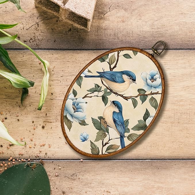KSDUT Bird Wall Art Decor - Chinoiserie Neutral Mid Century Modern Wall Art Canvas Frame Hanging Prints, Vintage Landscape Oval Wall Art Decor for Home Decorations 8.6"x11.4"