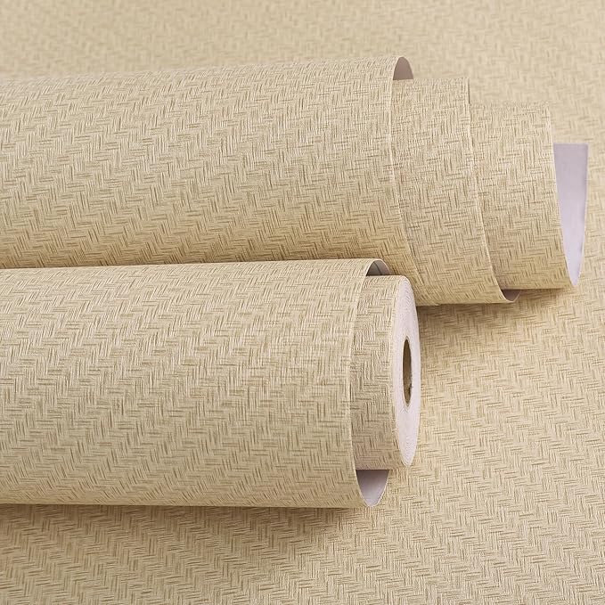 Haimin Fabric Wallpaper Textured Contact Paper (24in X 393in) Grasscloth Wallpaper Peel and Stick Faux Linen Wall Paper Self-Adhesive Vinyl Looks Like Woven Straw (Yellow Beige)