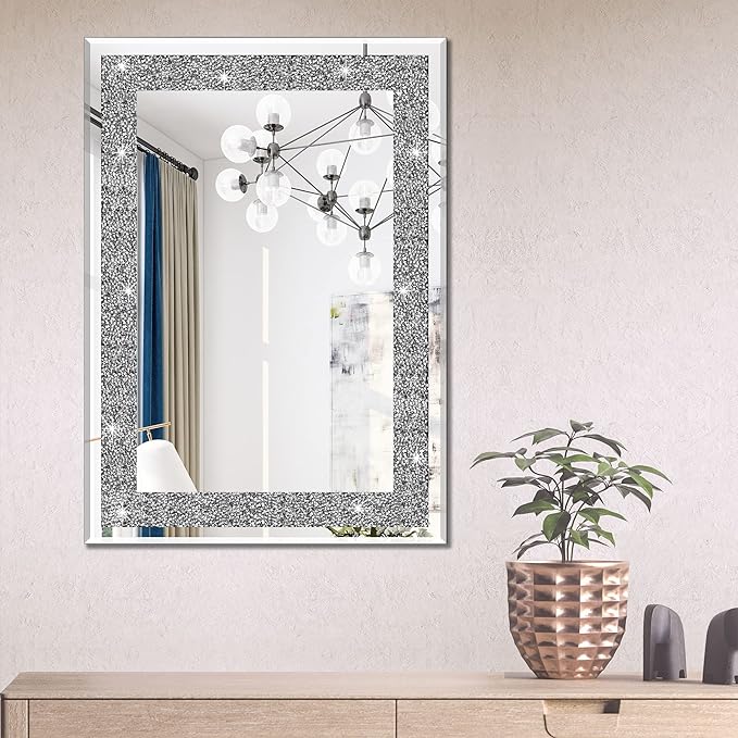 Ruomeng Wall Mirror Rectangular Crystal Crush Diamond Mirror for Home Decoration Accent Mirror for Bathroom, Entryway and Bedroom, 20" x 28"