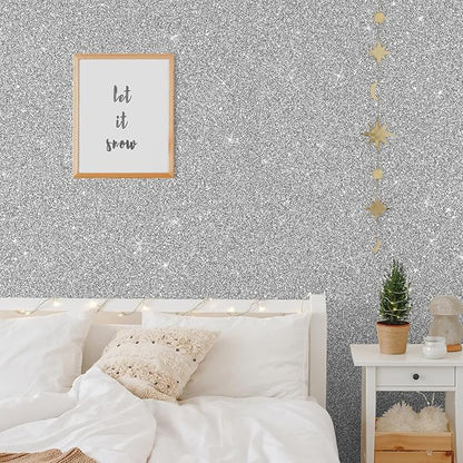 CHIHUT 15.7''x236'' Silver Glitter Contact Paper Peel and Stick Wallpaper Sparkle Shimmer Self Adhesive Silver Glitter Wallpaper Removable Textured Wall Paper Roll for Bedroom Decoration Countertops