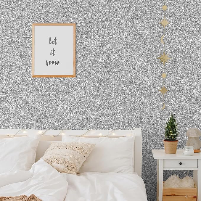 CHIHUT Sparkle Silver Glitter Wallpaper Peel and Stick Silver Glitter Contact Paper for Cabinets Walls Self Adhesive Removable Fabric Wallpaper Decorative Wall Paper for DIY Drawers 15.7''x100''
