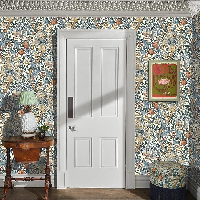 Vintage Wallpaper Peel and Stick Boho Wall Paper Removable Waterproof Golden Lily Contact Paper for Bedroom, Bathroom, Home Wall 17.3" x 118"