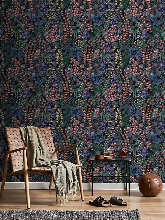 Floral Peel and Stick Wallpaper Boho Wall Paper Removable Waterproof Green/Yellow/Orange Contact Paper for Bedroom, Bathroom,Cabinet,Kitchen,Home Wall 17.3“ x 236.3”