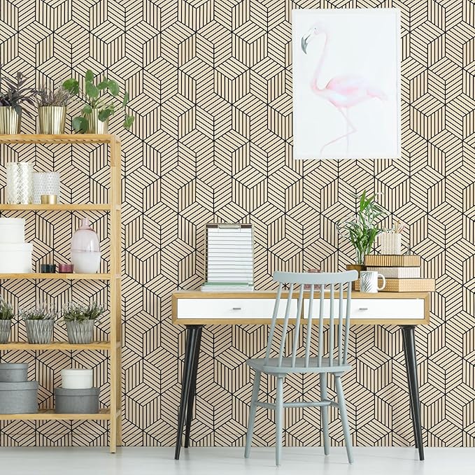 WENMER 17.71 Inchx 394 Inch Geometric Hexagon Wallpaper Contact Paper Peel and Stick Brown and Black Hexagon Removable Self Adhesive Wallpaper Vinyl Film Shelf Paper & Drawer Liner Roll for Home Use