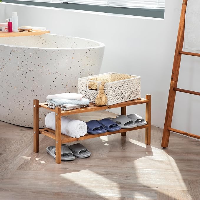 Natural Acacia Wood 2-Tier Folding Shoe Rack – Space-Saving Wooden Shoe Organizer Shelf for Entryway, Hallway, Mudroom, or Closet – Compact Indoor Storage for Footwear & More