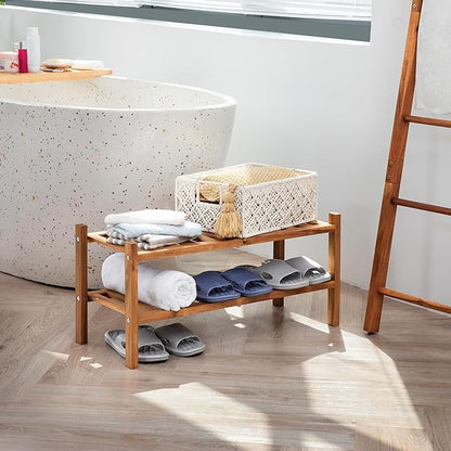 Natural Acacia Wood 2-Tier Folding Shoe Rack – Space-Saving Wooden Shoe Organizer Shelf for Entryway, Hallway, Mudroom, or Closet – Compact Indoor Storage for Footwear & More