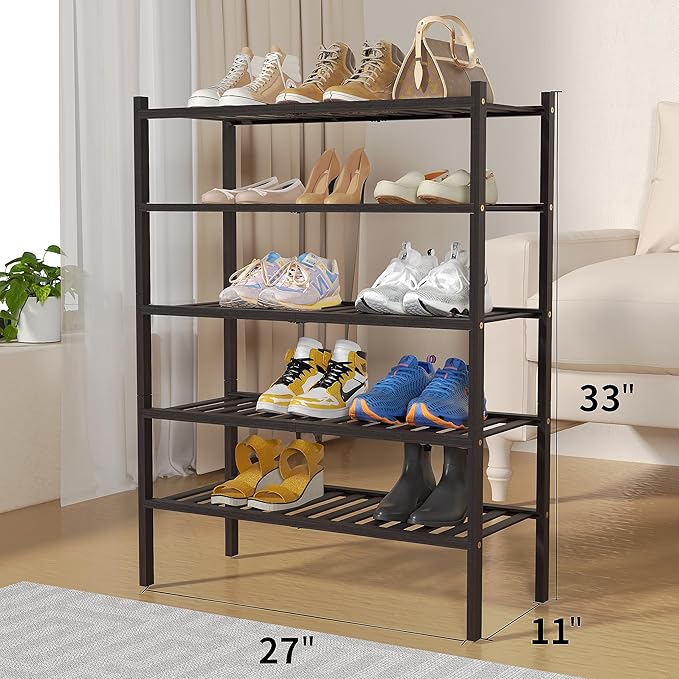 5 Tier Bamboo Shoe Rack for Closet Free Standing Wood Shoe Shelf for Entryway Small Space Stackable 27