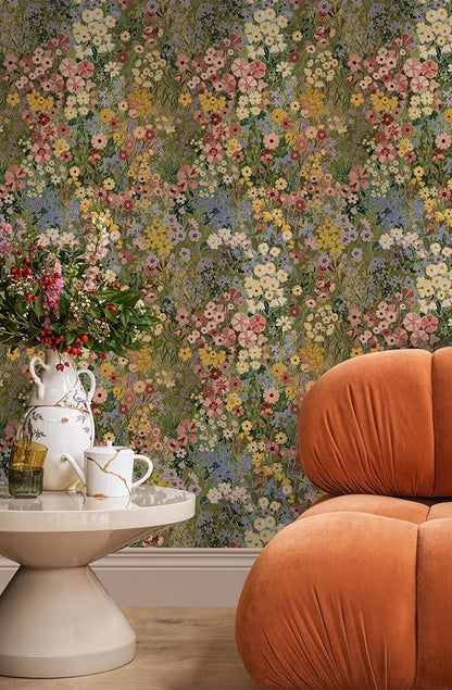 Floral Wallpaper Peel and Stick Boho Wall Paper Removable Waterproof Green Petal Pattern Contact Paper for Bedroom, Bathroom, Home Wall 17.3" x 393.7"