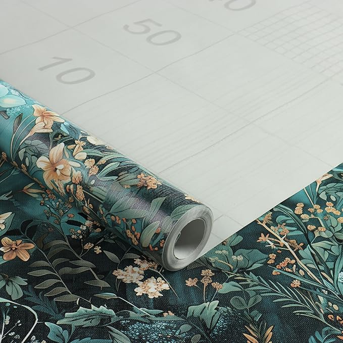 Floral Peel and Stick Wallpaper Green Flower Contact Paper 16.9inch x 393.7inch Botanical Self Adhesive Wallpaper for Bedroom Bathroom Vintage Decorative Cabinet Removable Paper Vinyl Roll