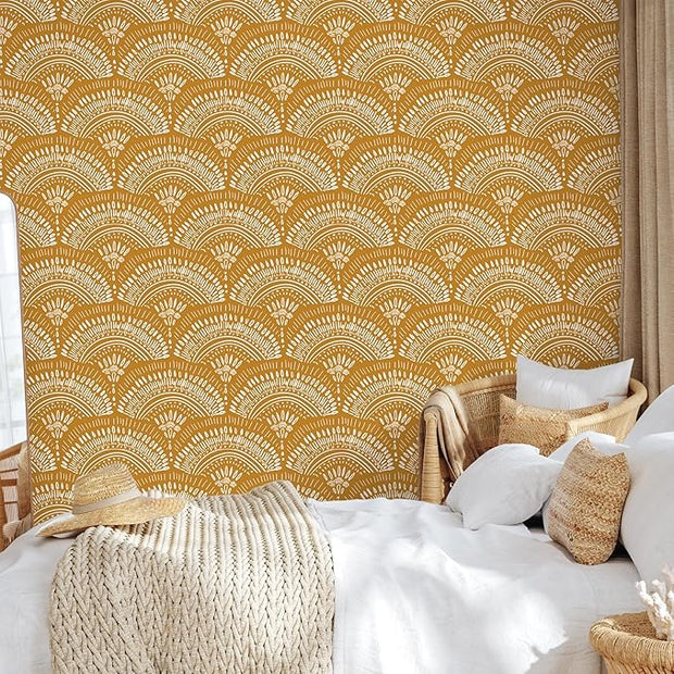 VEELIKE Mustard Yellow Geometric Wallpaper Peel and Stick Boho Wallpaper for Bedroom Bathroom Nursery 17.7''x354'' Removable Yellow Art Deco Wallpaper Renter Friendly Adhesive Contact Paper for Walls