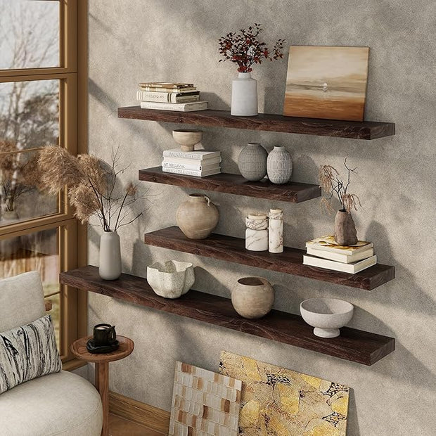 Marsmiles 48 inch Floating Shelves for Wall Solid Elm Wood Wall Mounted Shelves|Rustic Long Floating Shelves with Invisible Bracket for Bathroom Living Room Kitchen|Walnut, 1 Pack