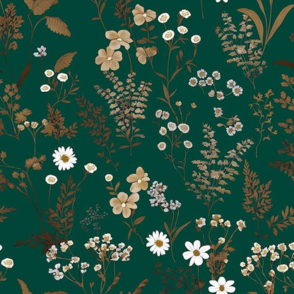 Dark Floral Wallpaper Peel and Stick 17.5in x393in Vintage Green Gold Leaf Wallpaper Vinyl Waterproof Self-Adhesive Boho Botanical Wall Paper Mural for Cabinet Bookcase Bedroom Decor