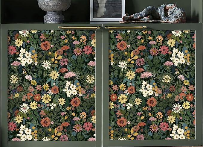Peel and Stick Wallpaper Boho Wall Paper Removable Green Floral Contact Paper for Bedroom, Bathroom, Kitchen 17.3“ x 236.3”